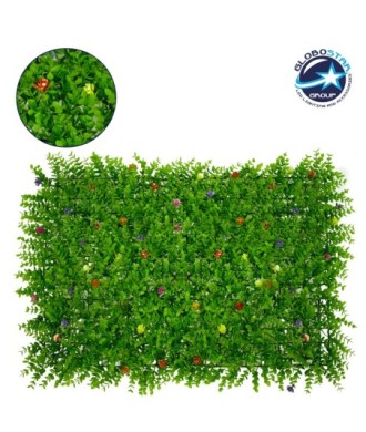 GLOBOSTAR® BUXUS 78408 Τεχνητό Πάνελ Φυλλωσιάς - Κάθετος Κήπος Καυκάσιο Πυξάρι & Πολύχρωμα Λουλούδια - Πράσινο - Μ60 x Π8 x Υ40cm